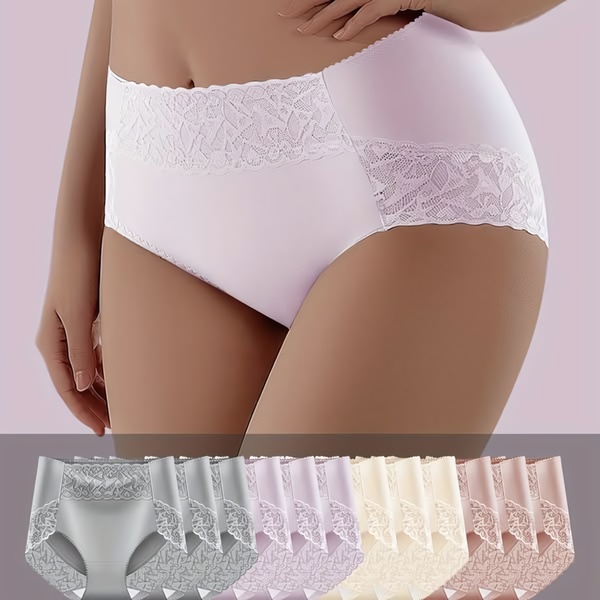 A split-view creative featuring a close-up model shot of high-waisted lace panties paired with a grid display of multiple available color variants.